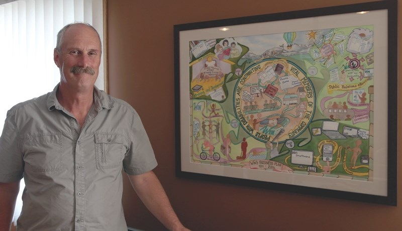 Westlock Independence Network executive director Greg Morris stands with the organization’s five-year business plan. WIN has been in Westlock for 26 years come November, and