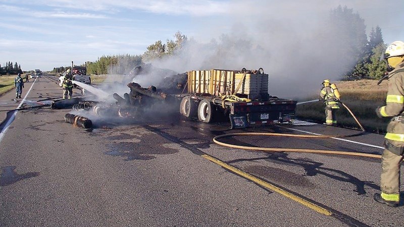 On Sept. 6, Westlock Rural and Pickardville fire departments responded to a tractor trailer on fire on Highway 2 just north of Tawatinaw. The trailer was hauling bales of