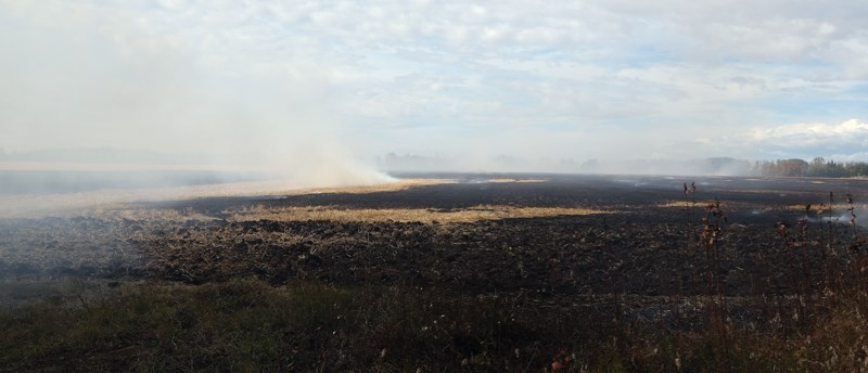 A recently harvested field along the west side of Range Road 270 north of Township Road 602 ignited on Sept. 19. The suspected cause is something hot that fell off a piece of 