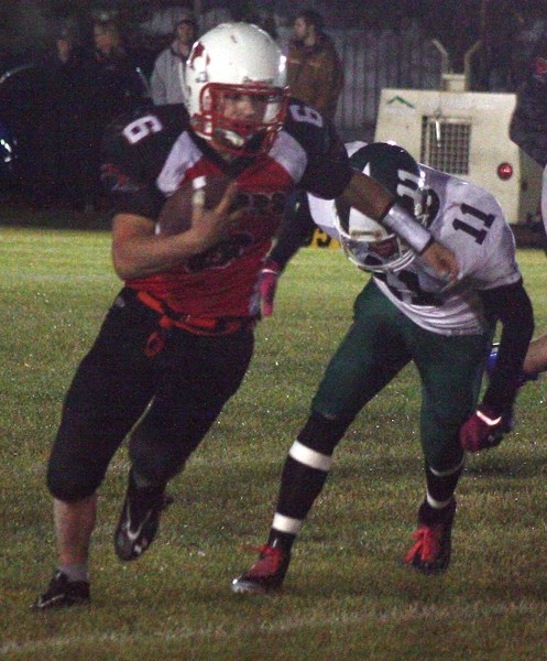 Joe Borris dodged and outran several Athabasca Pacers during this touchdown run, helping the Westlock Thunderbirds to a 26-0 win last Friday night. The T-Birds play again at