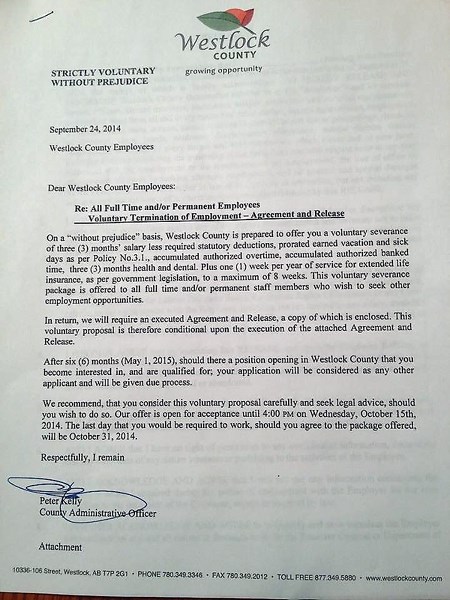 A copy of the letter all Westlock County staff received. Staff have until Oct. 15 to accept the severance offer.