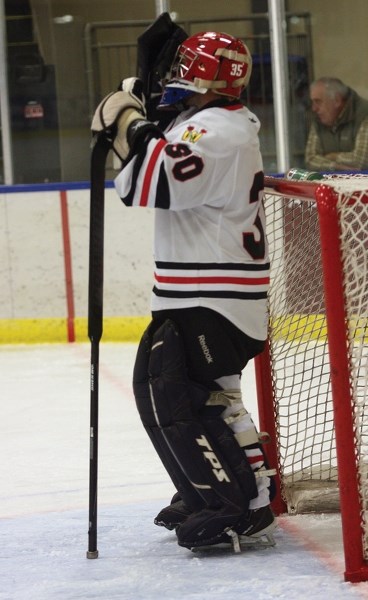 Goalie Marcus Johnson watches the play during the Westlock Warriors’ 5-0 home win over Slave Lake on Friday.