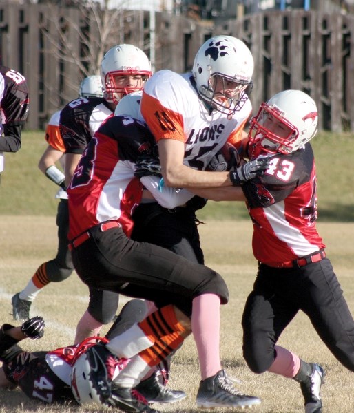 Westlock Thunderbirds Isaac Skuban and John Measures tackle a St. Paul Lion on Saturday. Westlock won the tilt 25-16 to end their Wheatland Football League regular season.