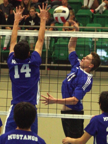 Both host teams emerged medal-less from the Joe Nestorovich Memorial Tournament at the Westlock Rotary Spirit Centre last weekend. St. Mary Shark Tyler Botham spikes the ball 
