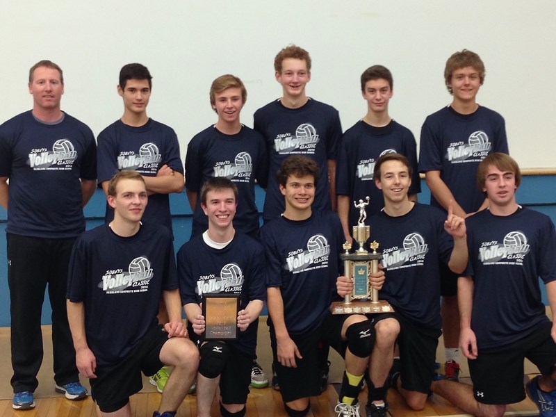 R.F. Staples&#8217; senior boys volleyball team displays the trophy and plaque awarded to them in Edson following their tournament championship win.
