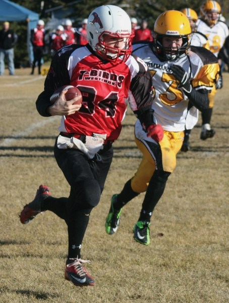 Westlock Thunderbird Jesse Plamondon runs down the field while playing against the Wainwright Commandos on Saturday afternoon at the field by Westlock Elementary School. The