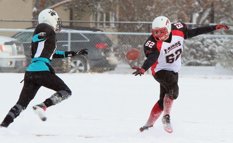 Westlock Thunderbird Mackenzie Cornell tries for a one-handed catch during the Wheatland Football League’s Division 2 championship game last Saturday afternoon in St. Paul.
