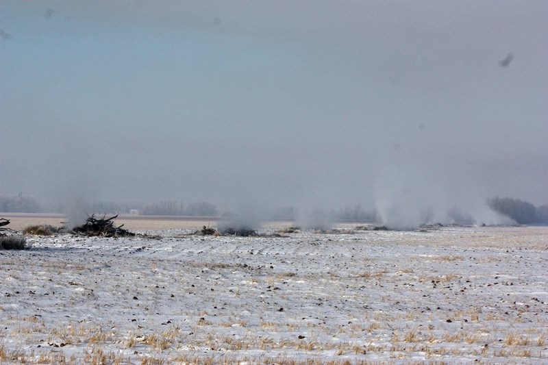 These brush piles were the source of the smoke that enveloped Westlock last week. By Saturday morning the smoke had cleared in town and the piles appeared to no longer be