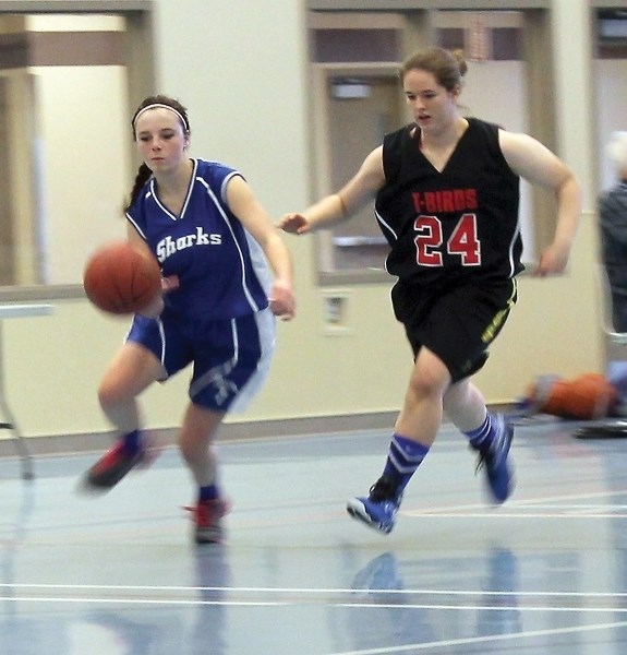 St. Mary Shark Cayden Lumley (left) drives to the hoop, marked by T-Bird Tara Kozdroski during Saturday’s consolation final. The Sharks took the game 57-38.
