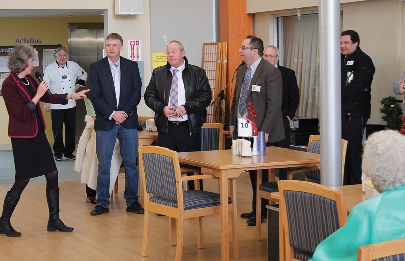 (L-R) Barrhead-Morinville-Westlock MLA Maureen Kubinec talks to Westlock Foundation chair Jim Wiese, Sturgeon Foundation chair Mal Smith and Jim Fowler, director of