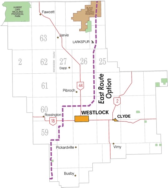 The proposed Westlock route (purple dotted line) of Alberta PowerLine&#8217;s planed 500 kilo-volt, $1.43 billion power line project.