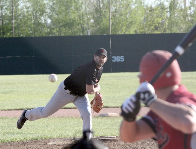 Westlock Grey Lions pitcher Sheldon McGonaghy pitched three inning en route to a 14-4 win over Edmonton Heat at Keller Field May 20. The Grey Lions improved to 2-0 on the