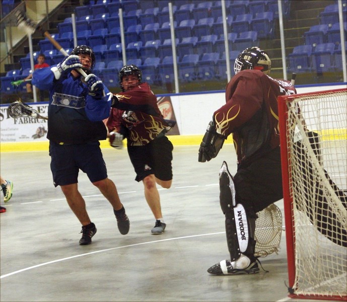 Westlock Rock’s Scott Ivey puts the ball in the net during a 17-4 destruction of the Grande Prairie Junior Thrashers at the Rotary Spirit Centre on June 20.