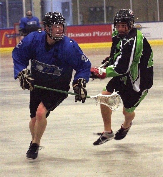 Westlock Rock’s Jake Chizma marches past a Lloydminster Xtreme player during Game 1 of the best-of-three first round playoff series. The Rock won 10-7, but were eliminated