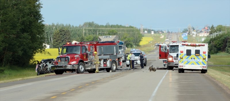 The scene Thursday morning following a head-on crash between a semi and SUV on Highway 18 just east of the Town of Westlock on Highway 18.