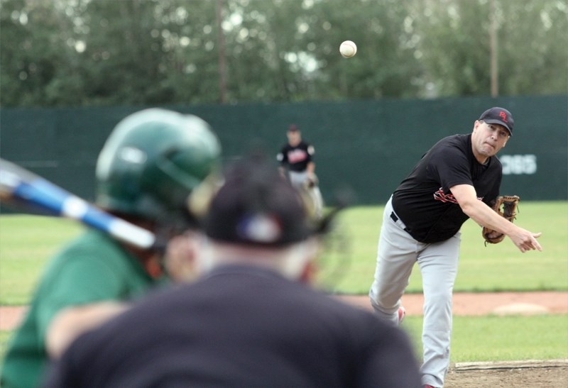 Grey Lion Brad Sharun delivers a pitch during a 5-3 loss to the Spruce Grove Eagles on July 22 at Keller Field. The club capped their Alberta West Central Baseball
