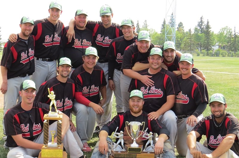 The Westlock Red Lions with their NCABL Championship Trophy on Sunday in Camrose. Back row, L-R: Jordan Brand, Stuart Schroeder, Nathan Swap, Curtis Burlet, Sheldon Weber and 