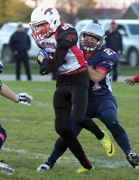 Thunderbird Thomas Dittmer guards the ball during the club’s 17-7 loss to Bonnyville on Sept. 26. The club returns home Oct. 8 to face the Vermilion Marauders.