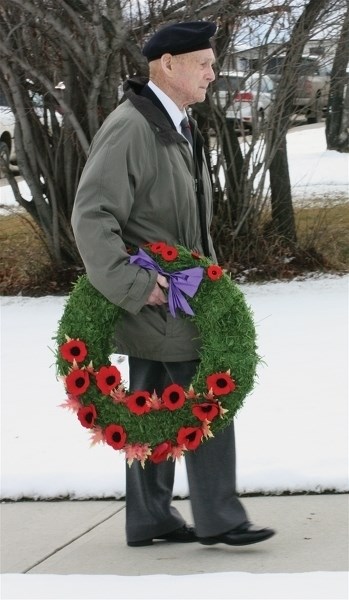 Second World War veteran James Berwick lays a wreath during the Village of Clyde’s Remembrance Day ceremony on Wednesday, Nov. 11.