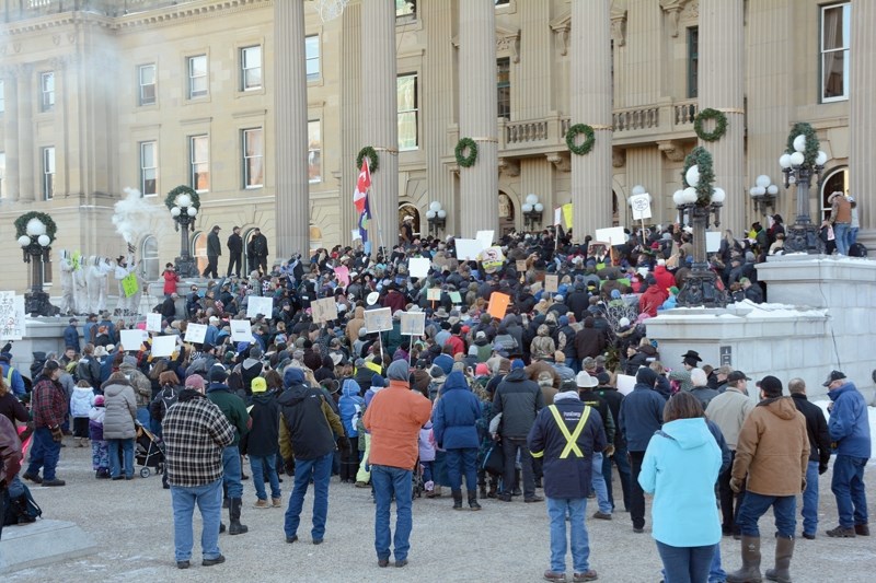 More than 2,000 farmers, ranchers and their families gathered at the Alberta Legislature on Nov. 30 to protest the passage of Bill 6. Another smaller rally attended by about