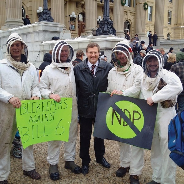 Barrhead-Morinville-Westlock MLA Glenn van Dijken (centre) during one of the recent Bill 6 protests held at the Legislature.