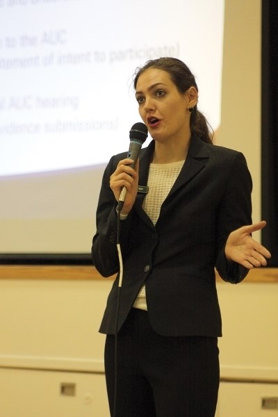 Alberta Utilities Commission legal counsel Shanelle Sinclair presents during the commission’s Jan. 27 informational meeting at the Westlock and District Community Hall.