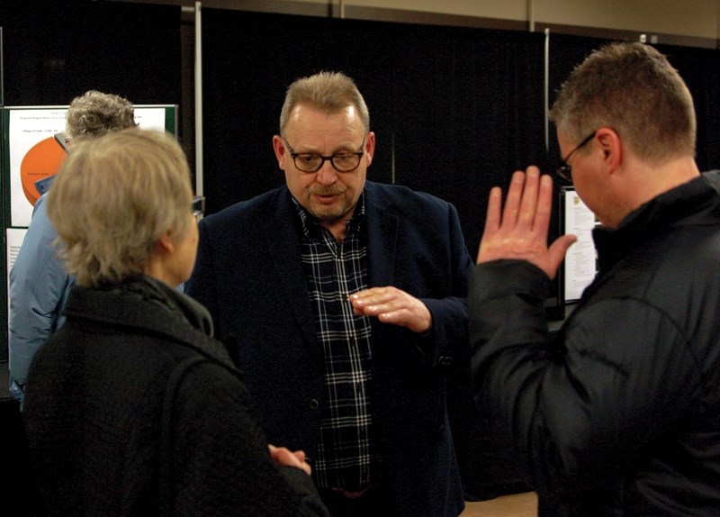 Mayor Ralph Leriger talks to citizens of Westlock during the town’s budget open house at the Rotary Spirit Centre on Feb. 16. Councillors and department heads were also on