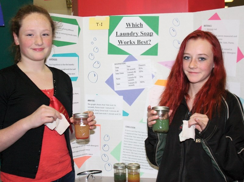 Students proudly displayed their science projects at the Westlock and District Community Hall on Thursday, March 3. Eleanor Hall School Grade 7 students Ruby Gibert (left)