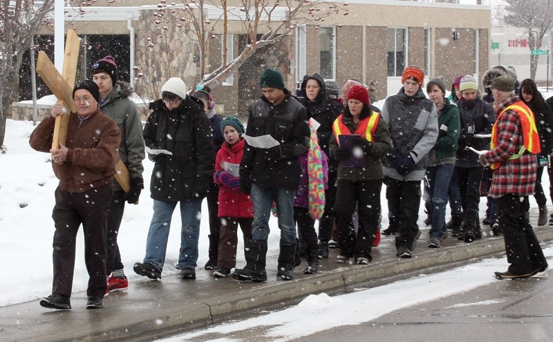 The scene Friday during the annual Way of the Cross walk that wound its way through Westlock.