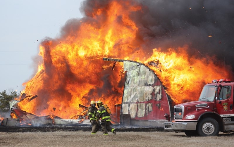 The scene of a Friday-afternoon fire three kilometres north of the Pibroch Colony just off Highway 44 that consumed a quonset. Damage is estimated at $80,000.