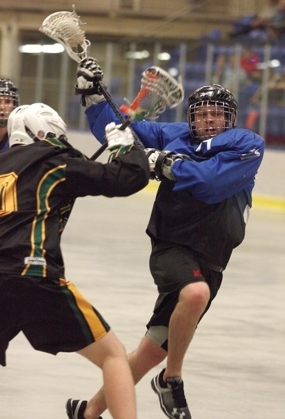 Westlock Rock’s Dayne Wingrove drives to the net during an 11-10 pre-season loss to the Sherwood Park Titans at the Rotary Spirit Centre Sunday, April 17. The club’s RMLL