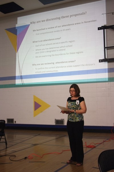 Pembina Hills Public Schools’ chair Jennifer Tuininga addresses area residents who turned out for the attendance area consultation on April 19 at Westlock Elementary School.