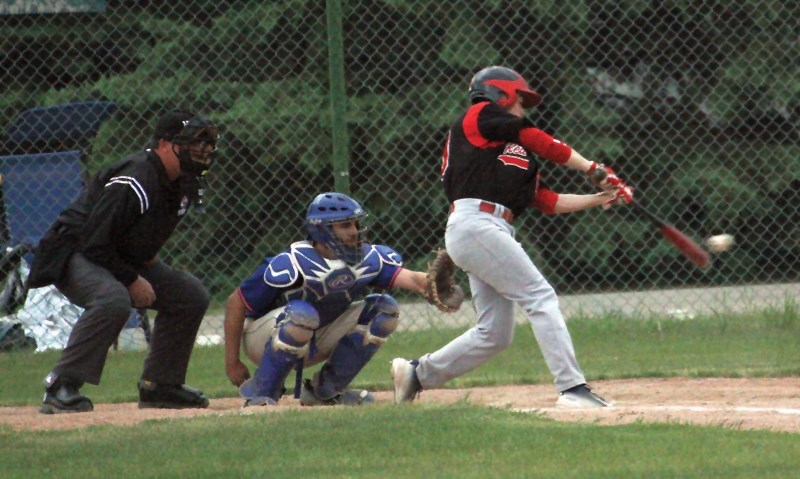 Austin Watamaniuk connects with a fastball during the Red Lions May 18 7-1 win over the Stony Plain Mets.