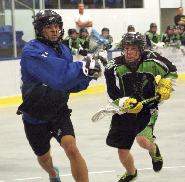 Westlock Junior Rock’s Kirby Kohlsmith fires a shot on net during the club’s 9-6 June 11 home loss to the Lloydminster Xtreme. The club finished the weekend with a 12-7 loss