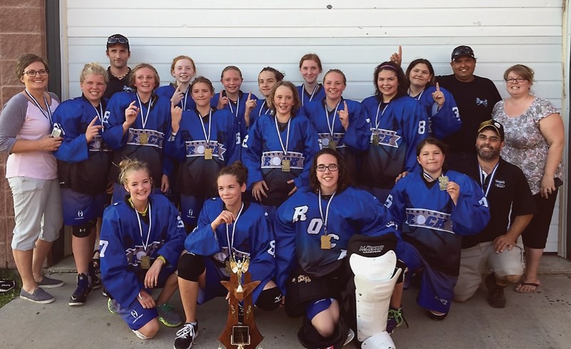 The gold-medal winning Westlock Bantam Rock. Back row: (L-R) Emily Hnatko, Georgia Sawchuk, Denise Greanya, Abbie McCormick and Emily Hegedus. Middle row: Paytyn McNelly,