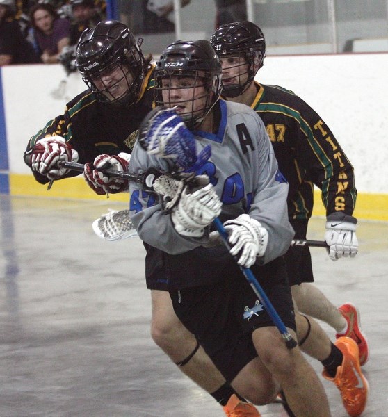 Junior Rock Scott Ivey takes the ball to the net during the club’s 13-12 loss to the Sherwood Park Titans in Game 1 of the RMLL Tier II North Conference playoffs held Friday