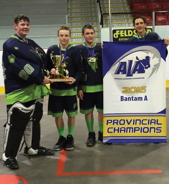 The Parkland Posse’s (L-R) Trace Stewart, Zach Basisty, Cole Perkins, and Max Benham celebrate following their provincial championship. The local quartet helped lead the team 