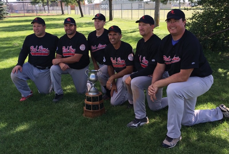 Westlock Grey Lions (L-R) Kevin Cyr, Dean Fagnan, Dean Rau, Rick Sereda, Keith Szautner and Rainie Gervais pose with their Canadian National Oldtimers Baseball Federation