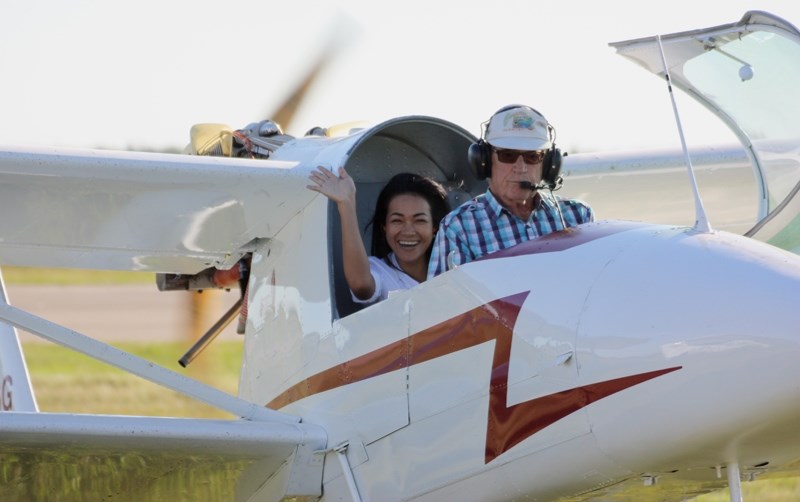 Nutcharee Yingram and pilot Linden Bland park Bland’s Kestrel Hawk at the Westlock Municipal Airport during the Westlock Flying Club’s fly-in breakfast on Aug. 14. More than