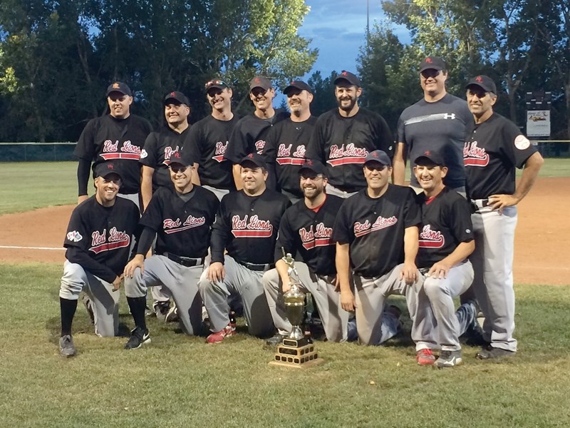 The Westlock Grey Lions stand proud with their AWCBA championship trophy Aug. 19 in St. Albert following a 2-1 championship series win over Fort Saskatchewan. L-R TOP ROW: