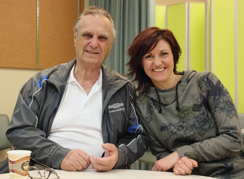 Bob Way and Kara Rimmer share a laugh at the Patel Room at Westlock Healthcare Centre. Way travels around the county and beyond to help coach stroke survivors through their