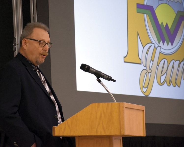 Town of Westlock mayor Ralph Leriger discusses regional collaboration during the Oct. 26 Mayor’s Breakfast at Memorial Hall.