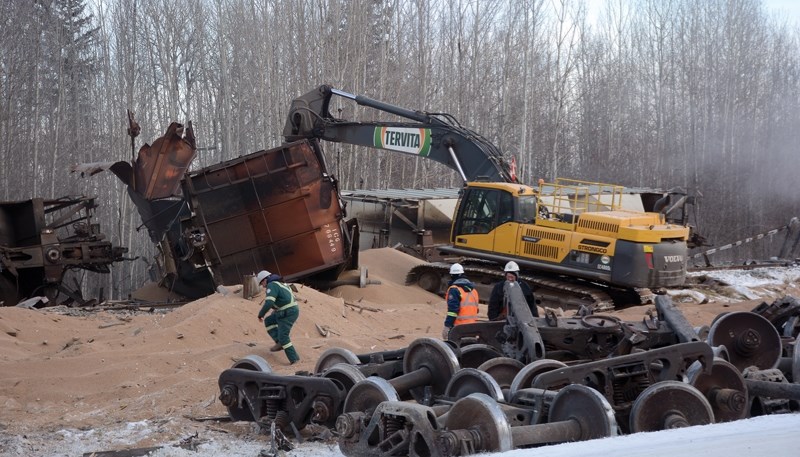 The scene on Saturday morning in Fawcett following a 17-car train derailment. Crews were on the scene shortly after the derailment, which CN says happened right around 2:30