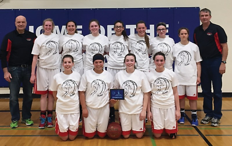 The R.F. Staples T-Birds senior girls basketball team won their first gold medal in Camrose Jan. 14. Back row, L-R: coach Pierre Ouimet, Sami Siegle, Kaylee Benham, Brooke