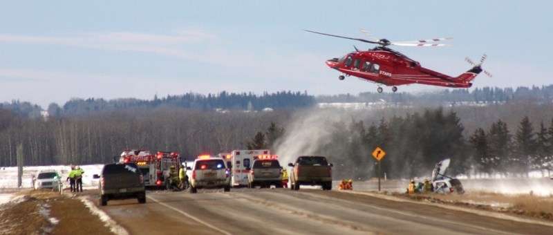 STARS Air Ambulance was called out twice to the Westlock area Jan. 16 following separate collisions on highways 18 and 44. The scene of the crash on Highway 18 near Range
