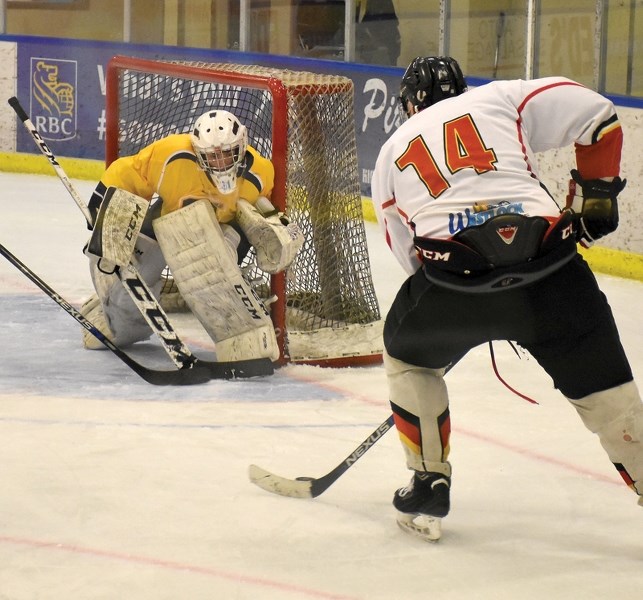 Midget Warrior Kestyn Dutchak heads for the St. Albert goal during a 6-4 provincial playdown loss Jan. 22 at the Rotary Spirit Centre. Game 2 goes in St. Albert Jan. 29.