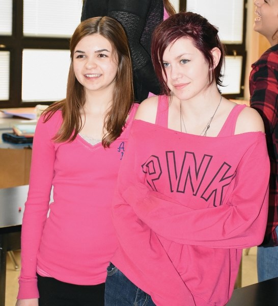 St. Mary School Grade 10s Alex Liber (left) and Alexis Lapierre twin it up in pink Feb. 22.