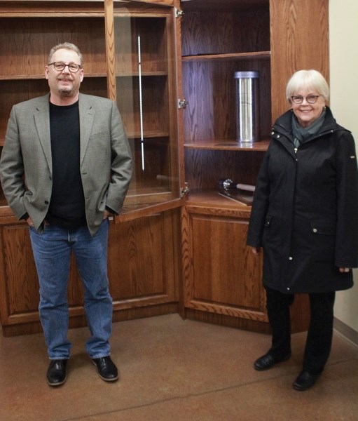 Westlock mayor Ralph Leriger and 100th anniversary committee chair and former mayor Shirley Morie at the March 13 ceremony for the placement of Westlock’s Time Capsule at the 