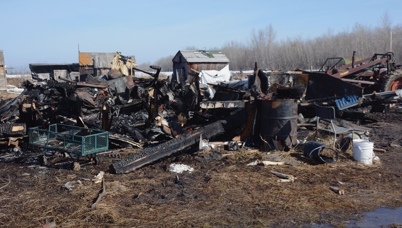 A March 27 fire destroyed a house, mobile home, and two sheds west of Dapp. No one was home at the time.