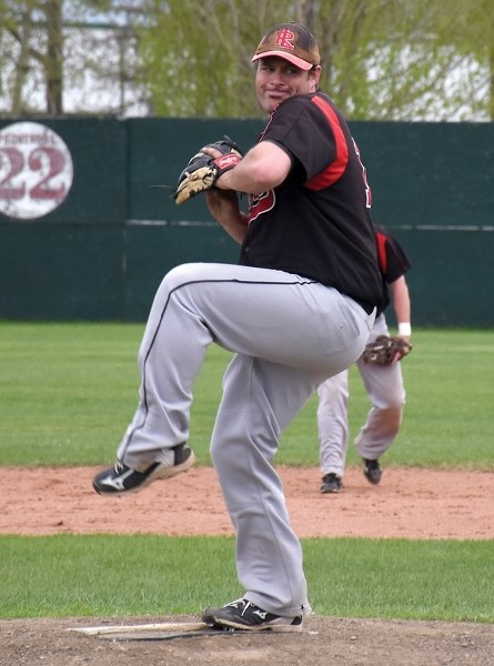 Red Lion Adam Sawatzky winds up for a pitch during the club’s 10-5 season-opening win over the St. Albert Cardinals at Keller Field May 12.